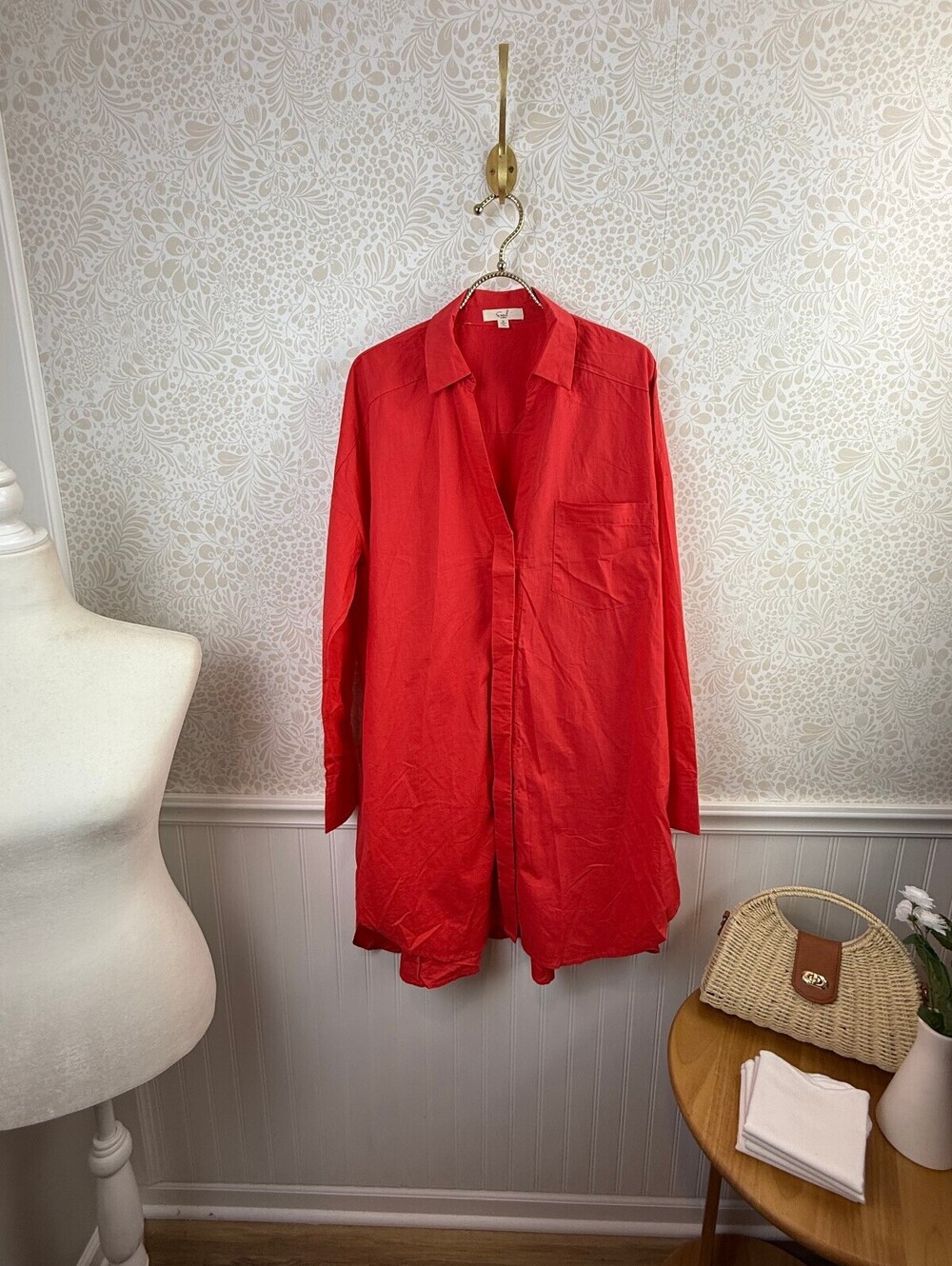 Easel Red Oversized Button-Down Long Sleeve Cotton Shirt Dress - Size - Small